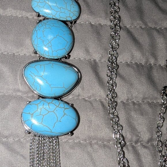 $3 with Bundle ~ Turquoise Stone Pendant Necklace Silver Tassel Boho Chic 5188 - Picture 3 of 4